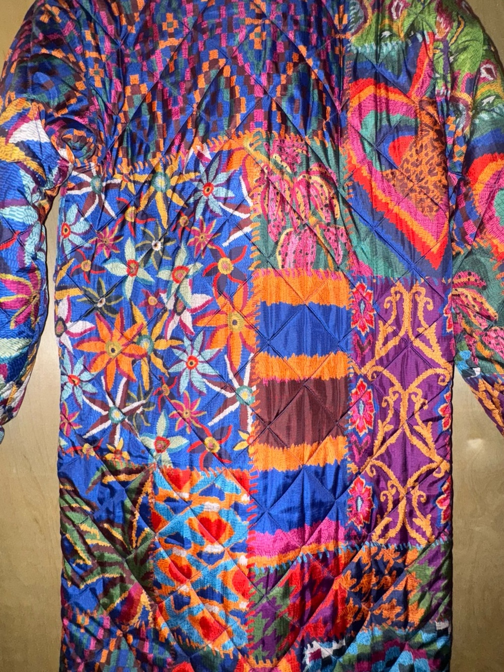 Farm Rio Puffer Multicolor Quilted Long Puffer Coat with Belt - Picture 15 of 15